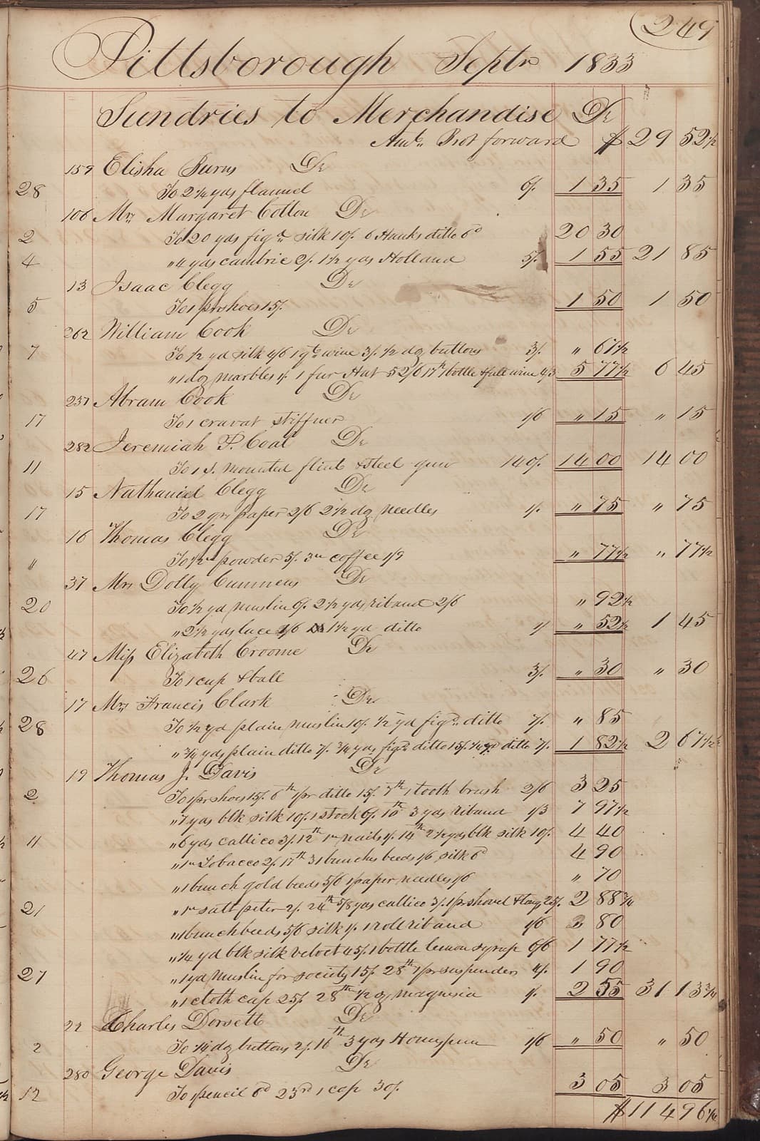 Handskriven sida ur en köpmans huvudbok från 1833 med kolumner av belopp
